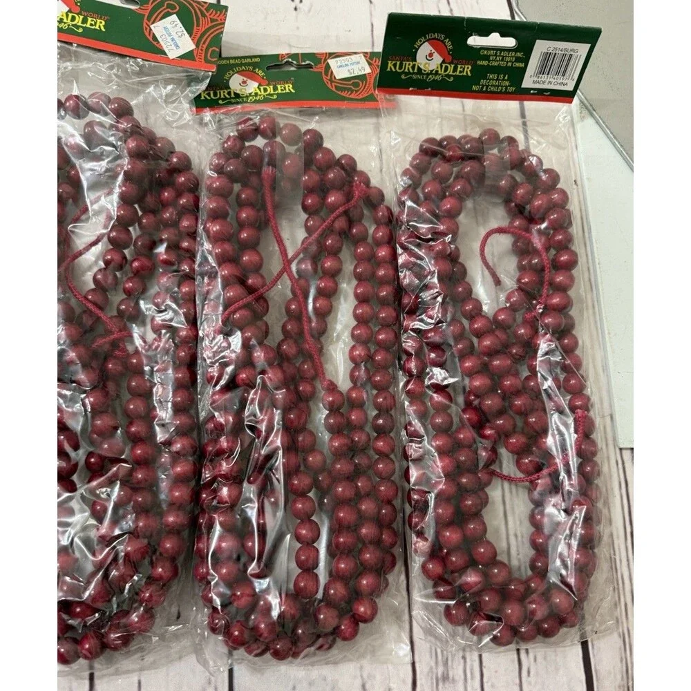Kurt Adler 9' Foot Burgundy Wooden Bead Garland Christmas Holiday Decor X 4